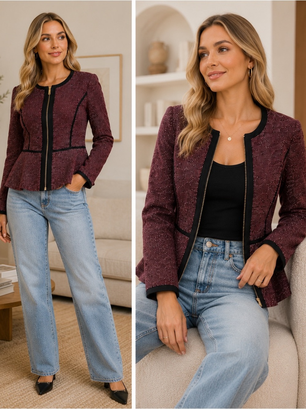 DKNY Khit Stretch Peplum Blazer Jacket with front zip and piping, Size 6